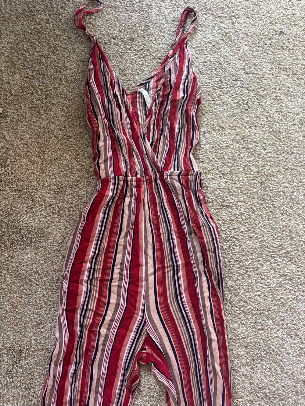 Striped Red Pink V-Neck Women's Jumpsuit